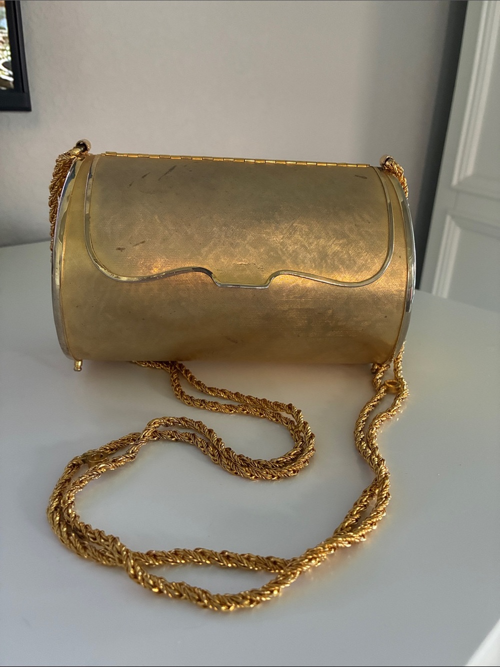 Metallic Gold Cylindrical Clutch with Rope Chain Strap